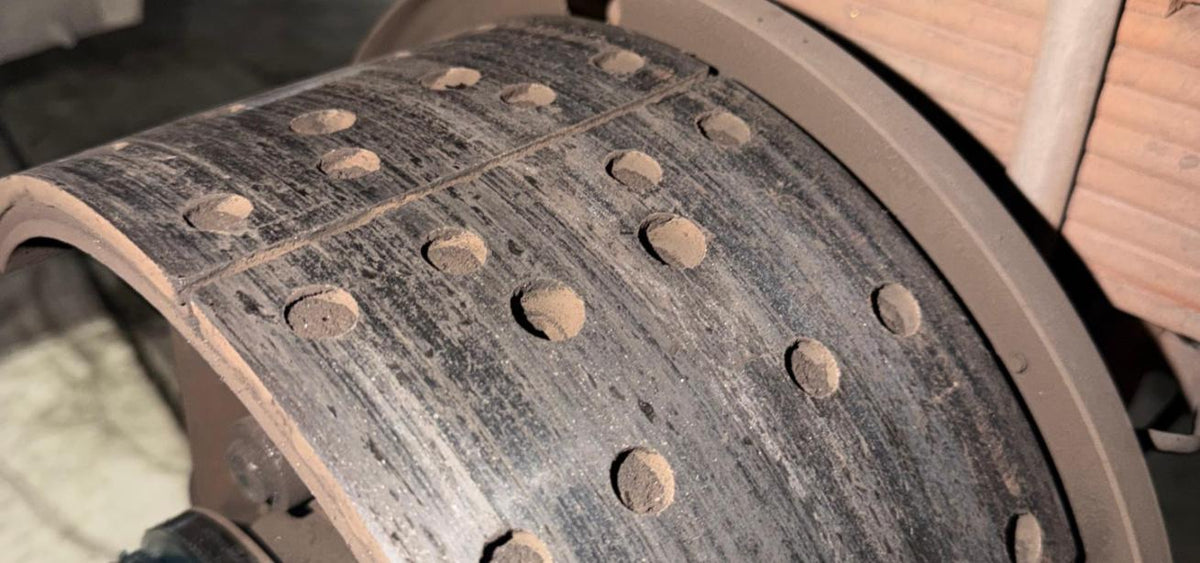 Worn truck brake shoe lining during a brake repair